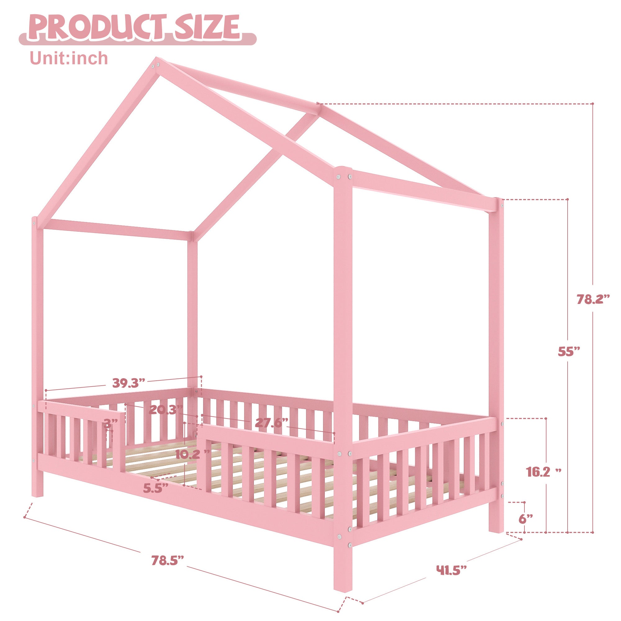 Montessori Floor Bed with Canopy, Twin Bed Frame for Kids, House Shape Kids Bed Frame with High Railings, Wood Kids Bed with Roof, Kid Twin Bed, Pink