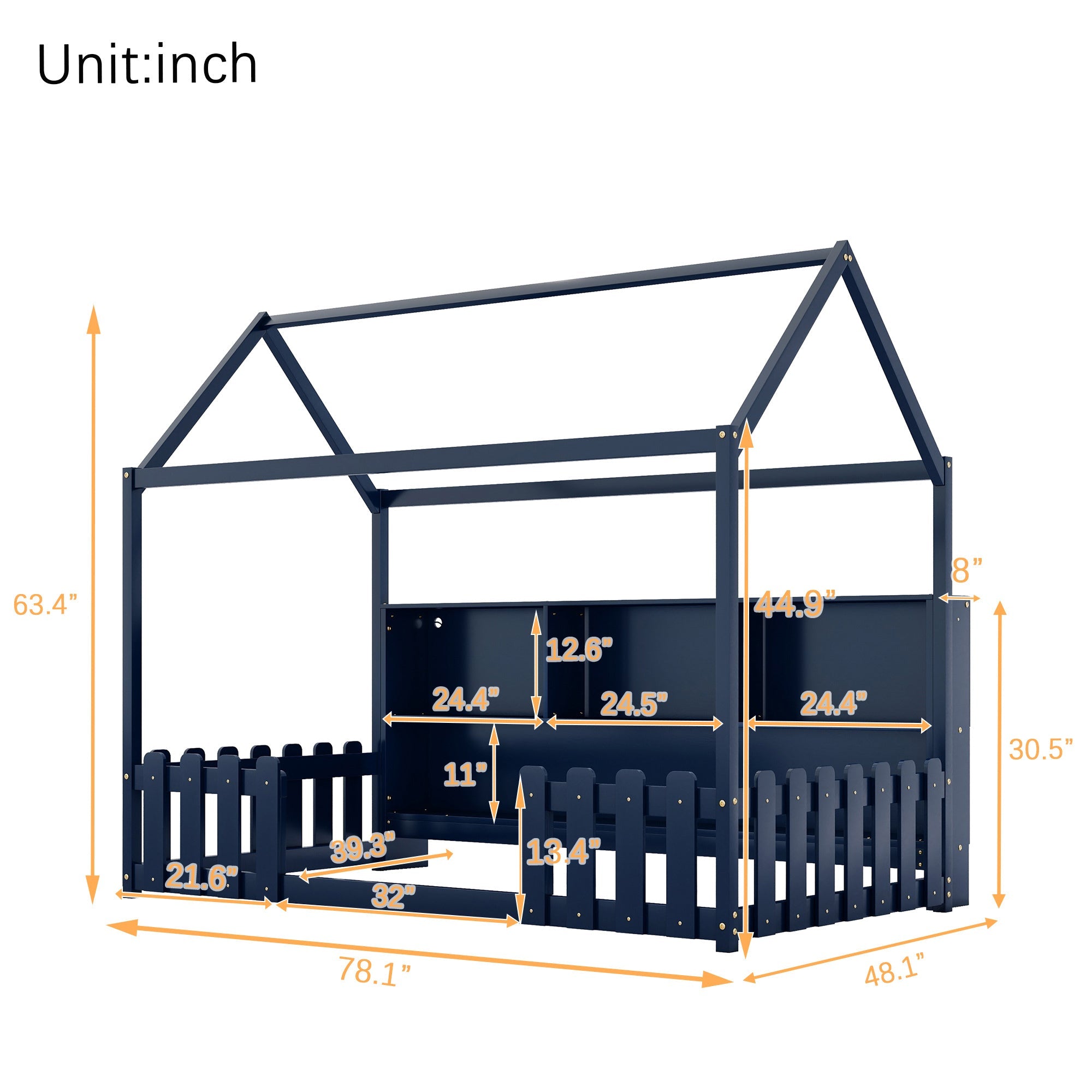 Twin Size House Bed with LED Light, Wood House Bed with Storage Bookshelf, Floor House Bed with Guardrails for Kids, Navy Blue (Expect Arrival Date 2025/3/14)