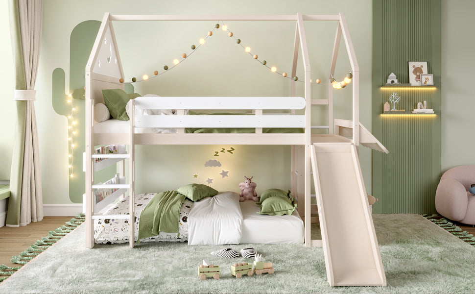 Full Size Loft Bed with Bookshelf Playful Design for Kids House-Shaped Structure with Slide High-Quality Safety Rails,Beige