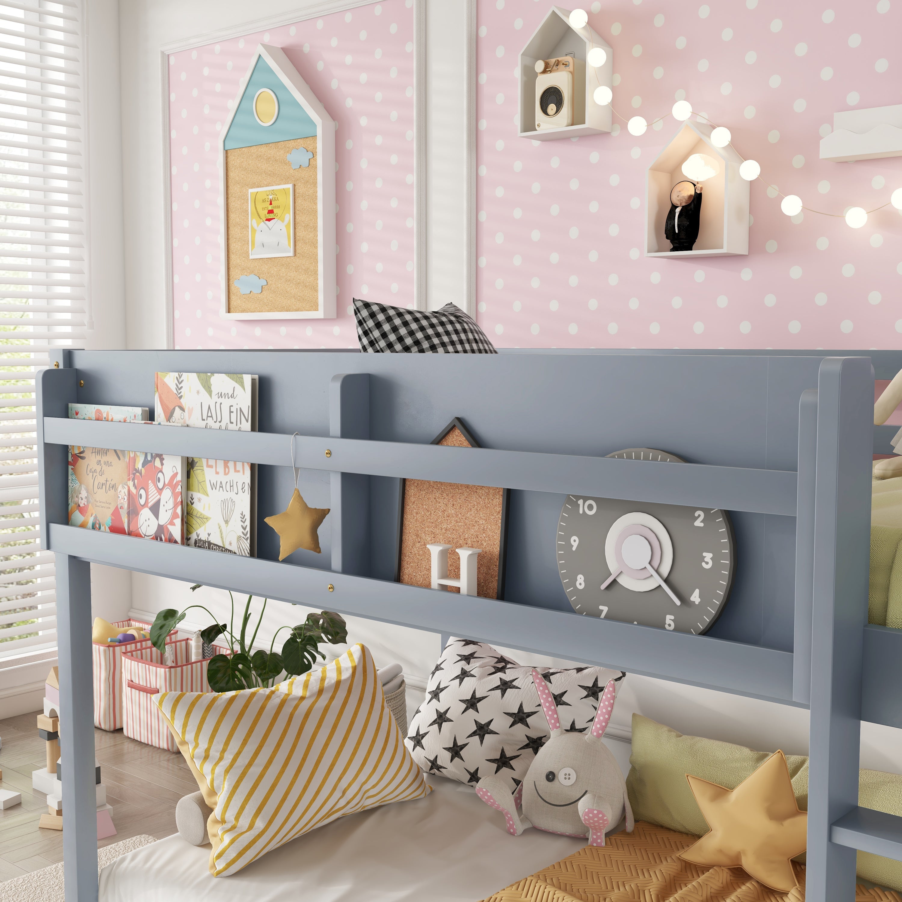 Low Twin Over Twin Bunk Bed, Floor Bunk Bed with Ladder, Solid Wood Twin Bunk Bed for Kids & Juniors, Grey(Expect Arrival Date 2025/11/25)