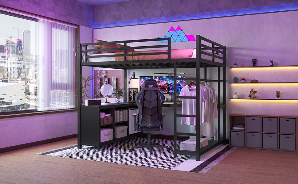Metal Loft Bed with Wardrobe and L-shaped Desk, Full Size Loft Bed with Storage Cubes and Shelves, Loft Bed for Kids Teens Adults, Black