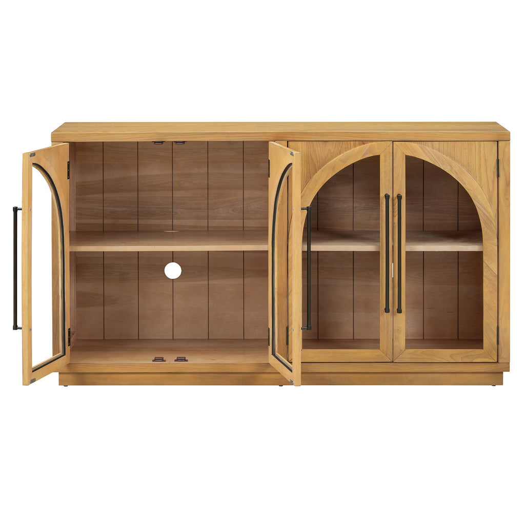 TREXM 4-Door Large Storage Sideboard Buffet Cabinet with Glass Doors, Arched Cabinet with Adjustable Shelves for Kitchen, Dining Room and Living Room (Natural Wood)