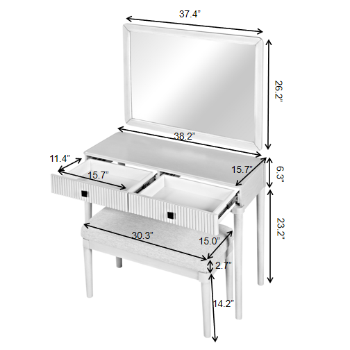 Modern Vanity Desk with Mirror, Adult Makeup Table Set with Stool, Home Office Desk, 2 Large Drawers, White