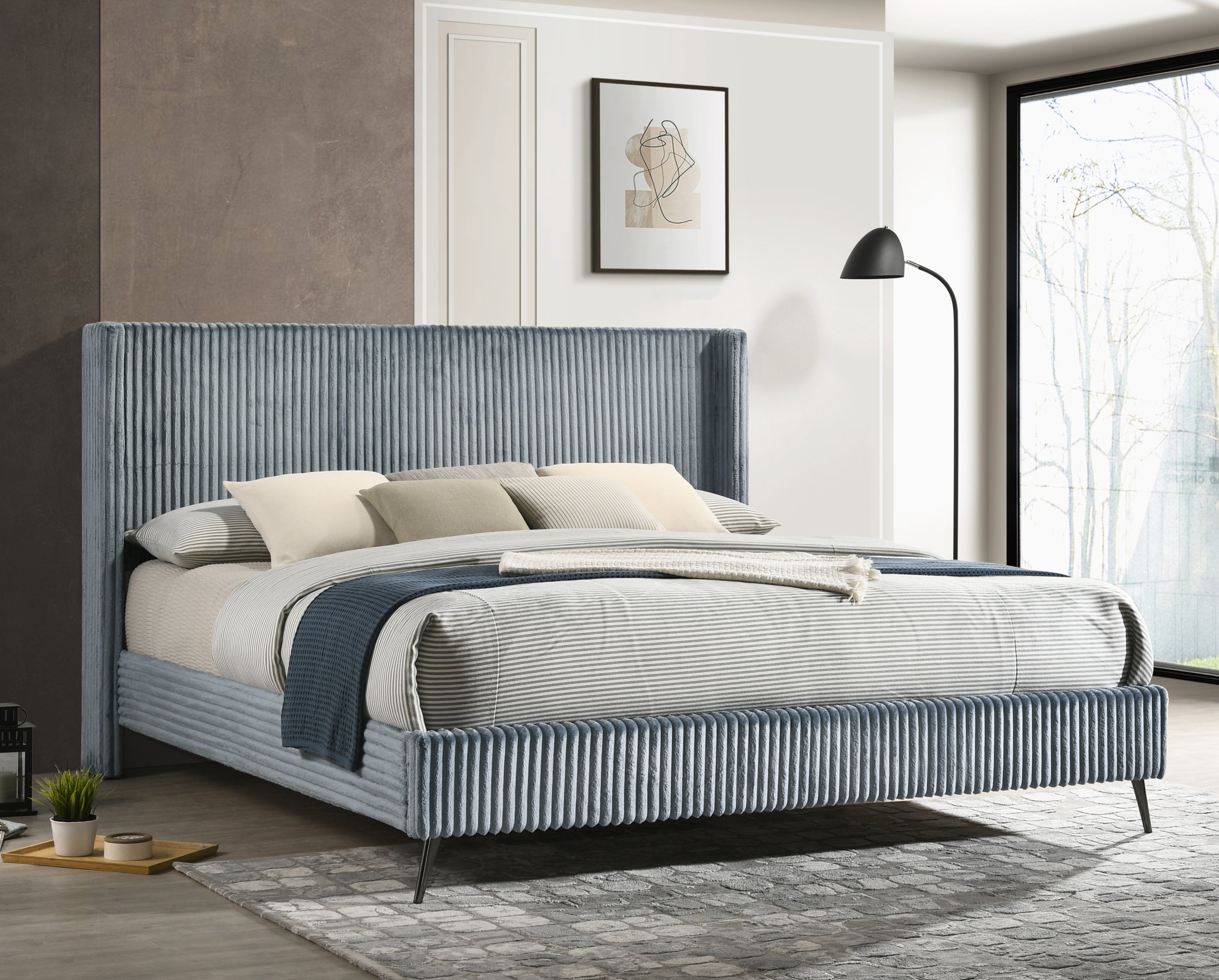 Mavela Wide Wale Corduroy Upholstery Panel King Bed with 2 Nightstands and Bench, Blue