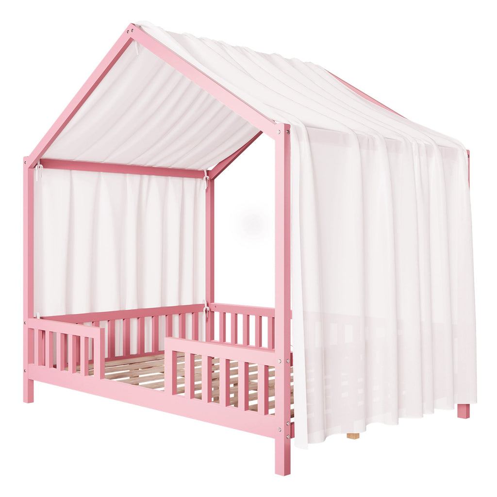 Montessori Floor Bed with Canopy, Full Bed Frame for Kids, House Shape Kids Bed Frame with High Railings, Wood Kids Bed with Roof, Kid Full Bed, Pink