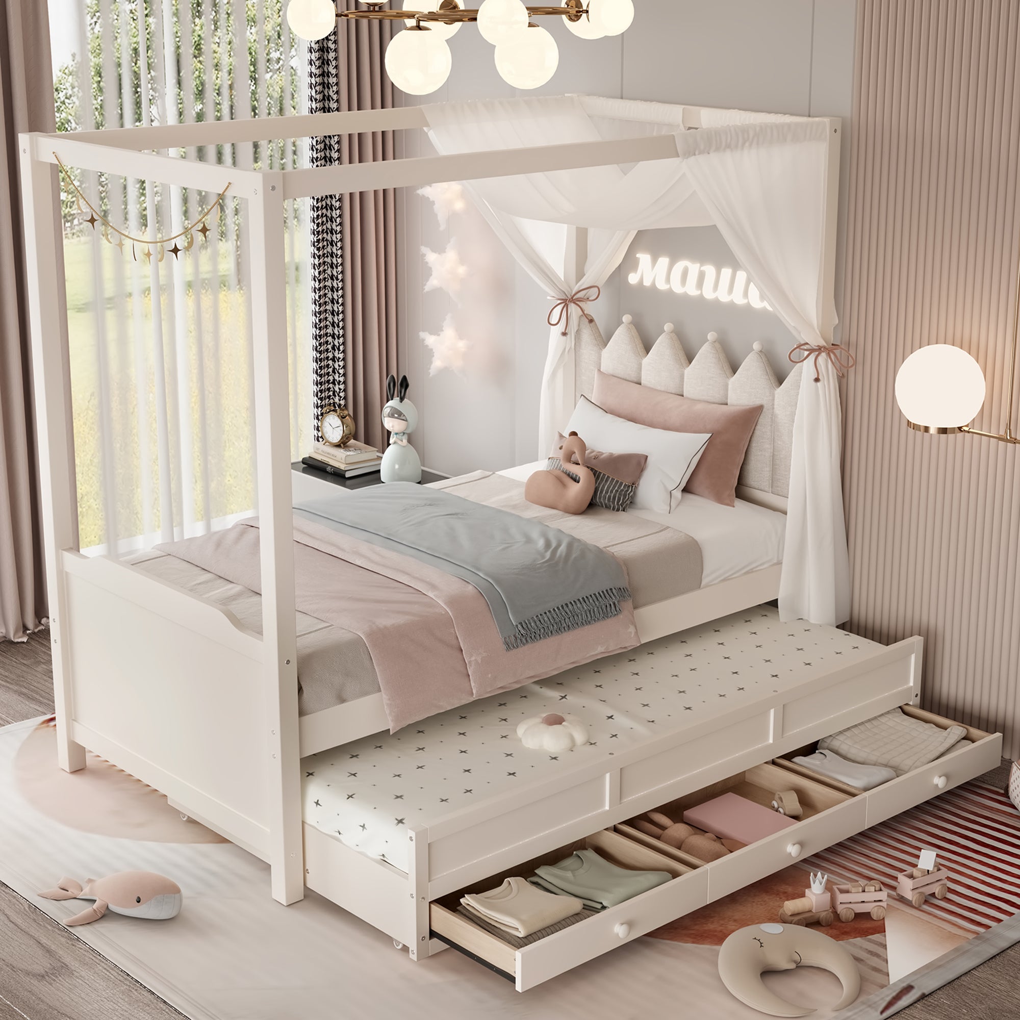 Twin Platform Bed with Upholstered Headboard,Twin Size Trundle and 3 Drawers,Princess Canopy Bed Frame for Kids,Storage & Easy Assembly,Beige