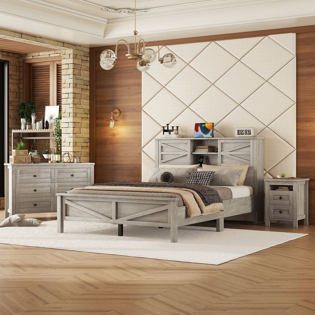 3-Pieces Bedroom Sets Queen Size Farmhouse Platform Bed with Double Sliding Door Storage Headboard and Charging Station, Storage Nightstand and Dresser, Antique Gray(Old SKU HL000092AAG)