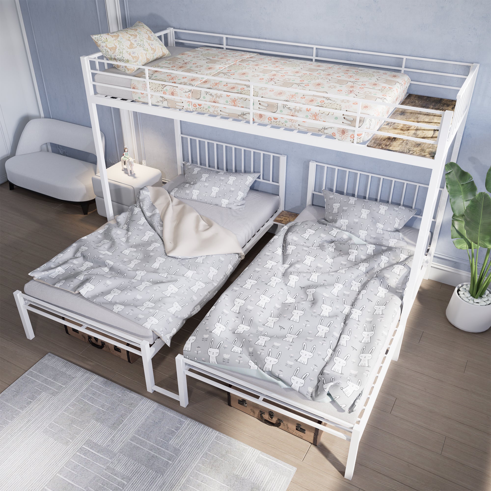 Triple Bunk Bed for Kids,3 Bed Bunk Beds for 3,Metal Triple Bunk Beds,Separates Into 3 Twin Beds,Noise Reduced Structure,White