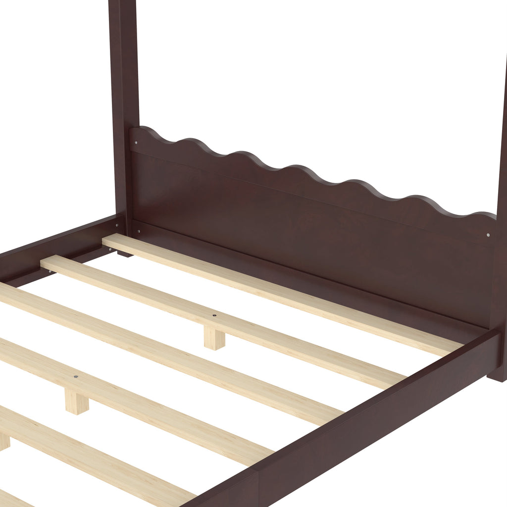 Full House Floor Bed with Support Slats, Solid Wood House Bed Frame for Kids, No Box Spring Needed and Opening Constructure, Espresso