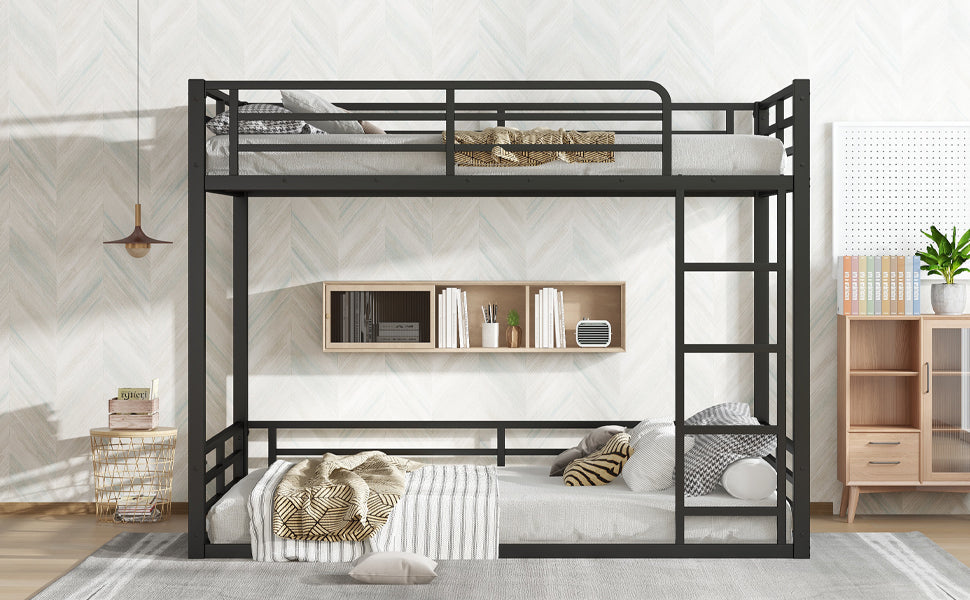 Metal Bunk Bed, Full over Full Floor Bunk Bed Frame,Heavy-Duty Bunk Bed for Kids, Teens, Adults, Noise-reduced Design, Black