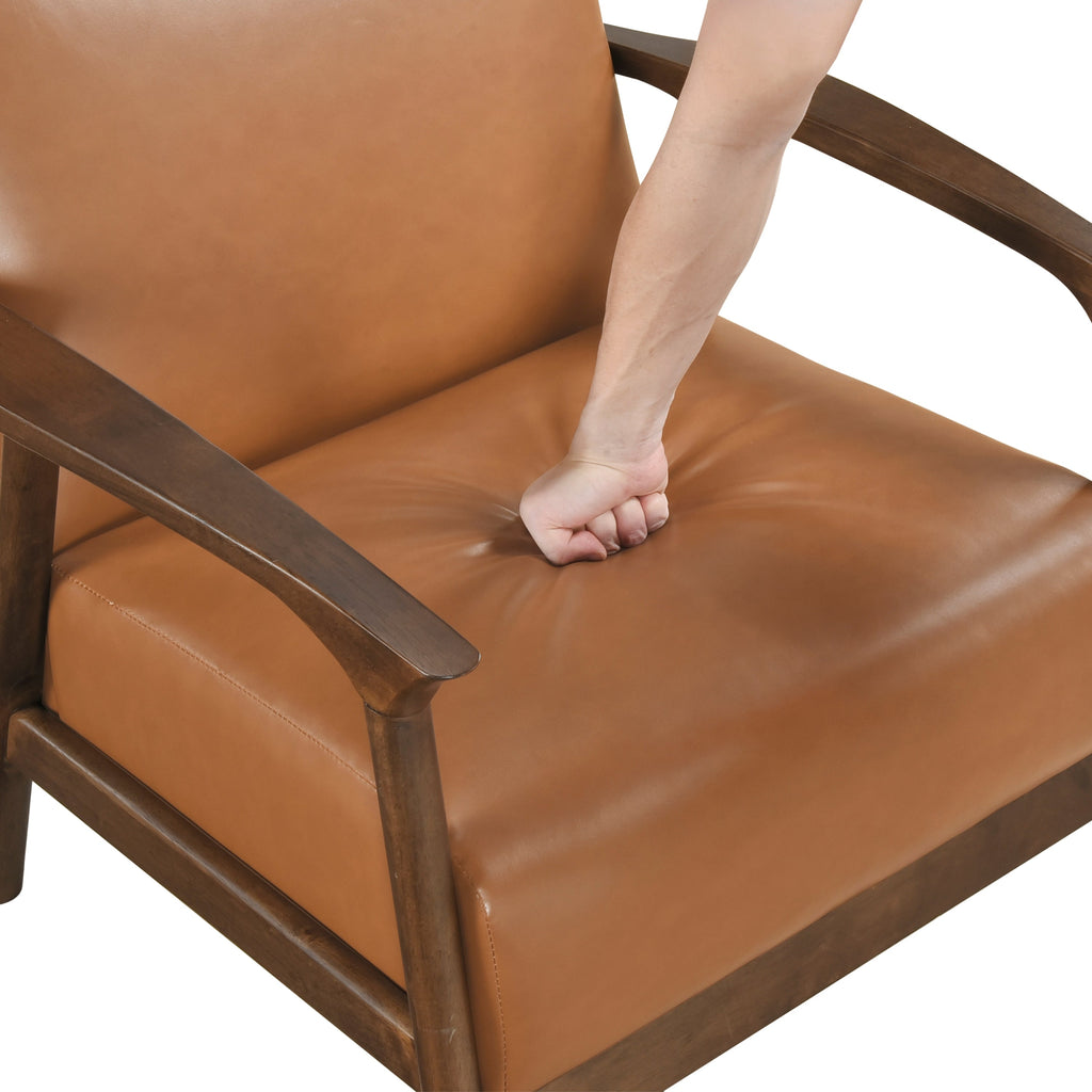 Brown Faux Leather Upholstered Accent Chair 1pc Seat Cushion Solid Rubberwood Frame Living Room Furniture