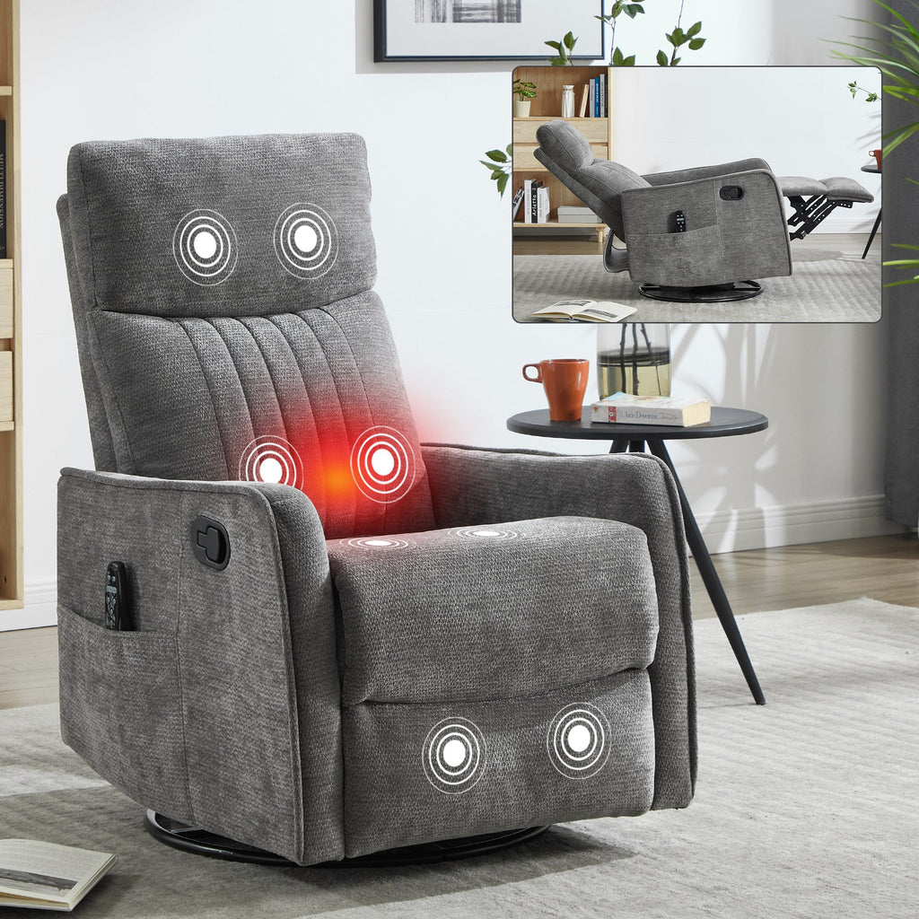 Dark Grey Heat Massage Manual Recliner Chair with Rocker and Swivel in Fabric for Living Room