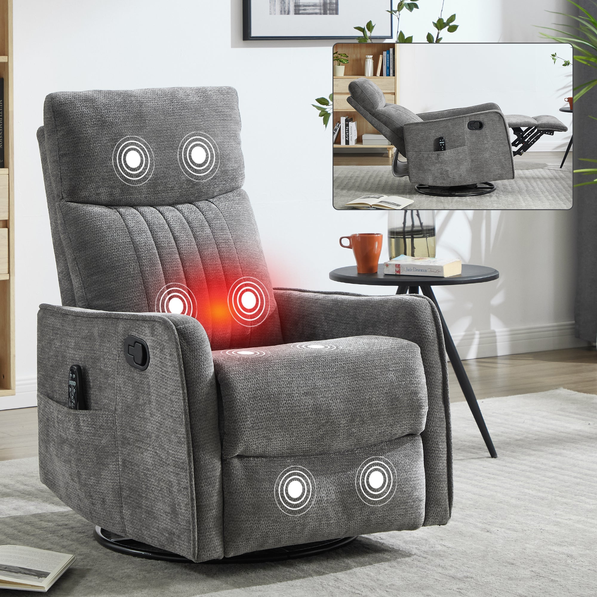 Dark Grey Heat Massage Manual Recliner Chair with Rocker and Swivel in Fabric for Living Room