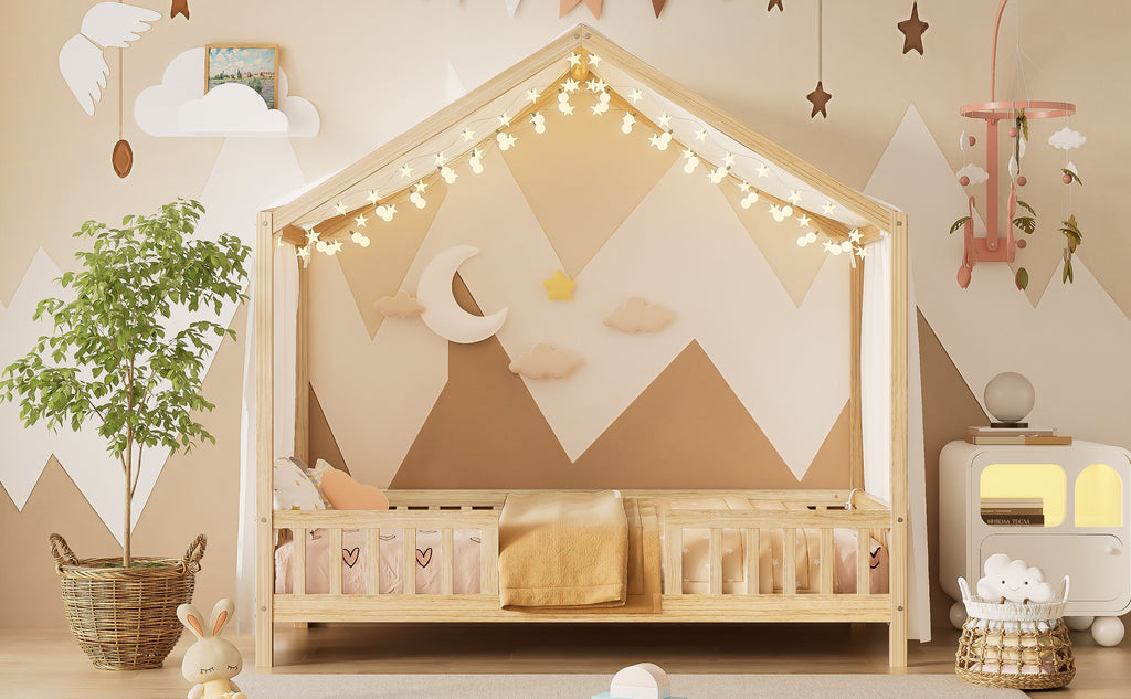 Montessori Floor Bed with Canopy, Twin Bed Frame for Kids, House Shape Kids Bed Frame with High Railings, Wood Kids Bed with Roof, Kid Twin Bed, Natural