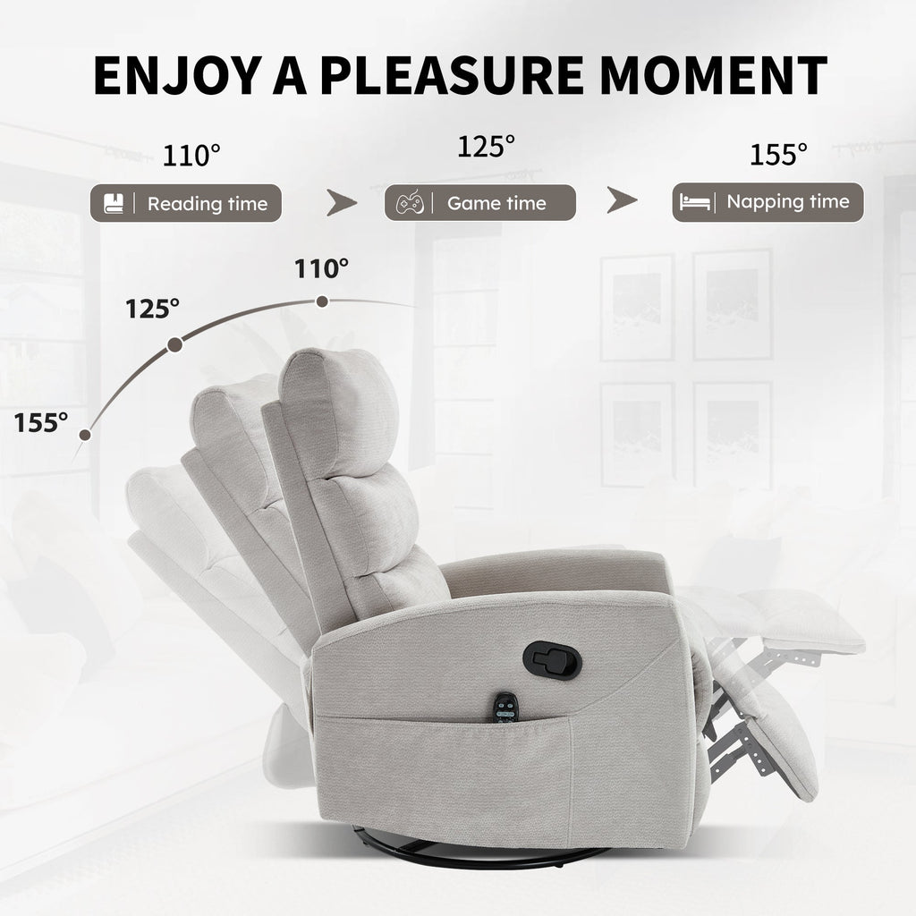 Heat Massage Manual Recliner Chair with Rocker and Swivel in Fabric for Living Room,Grey