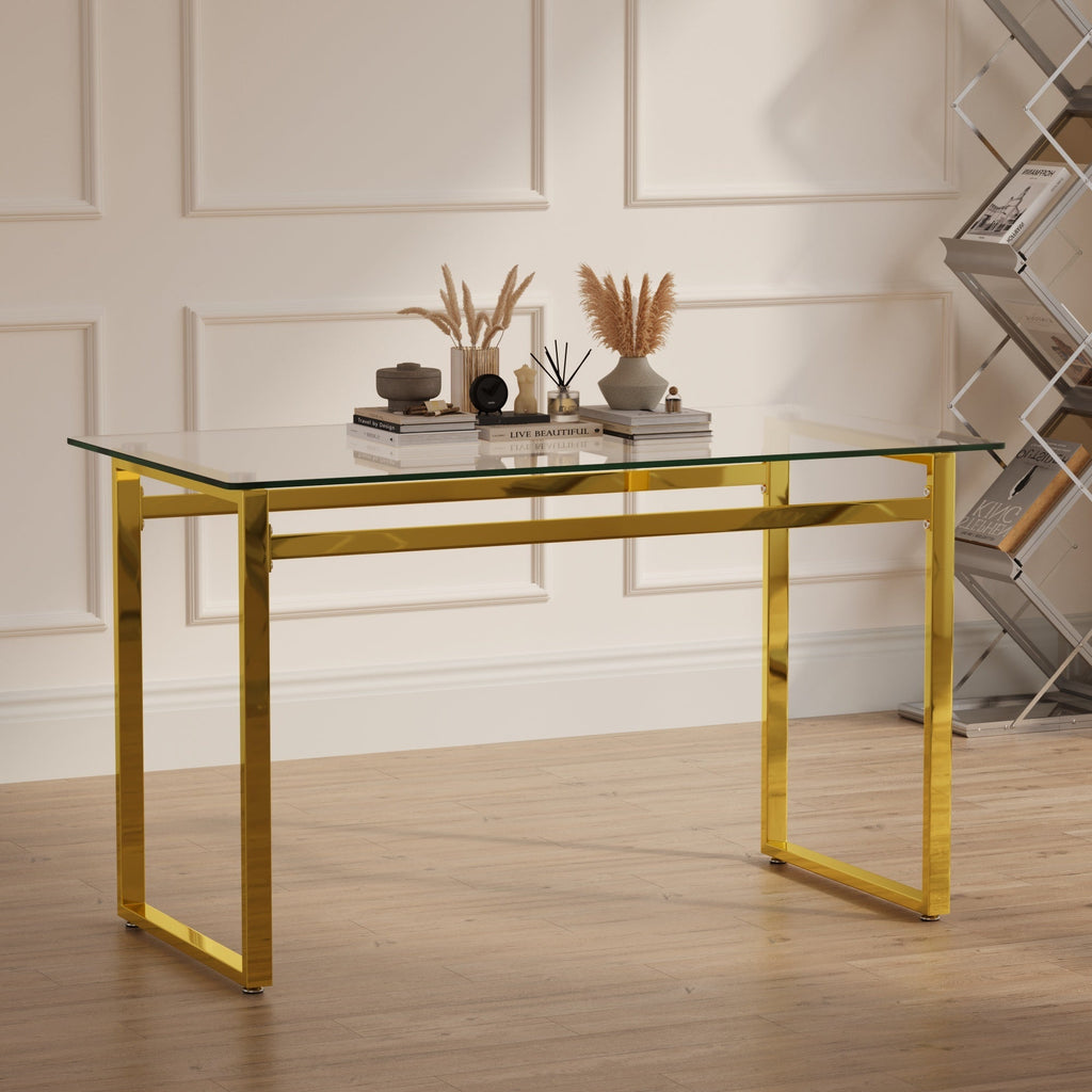 Modern Minimalist Rectangular Glass Dining Table with Tempered Glass Tabletop and Golden Chrome Metal Legs for 4-6