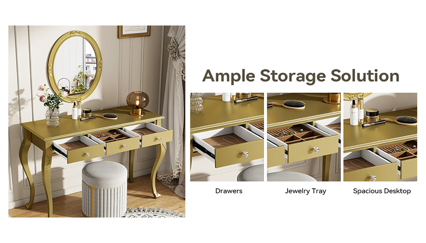 Luxury Makeup Vanity Desk with Oval Mirror, 3-Drawer Dressing Table for Jewelry Storage, Elegant Console Table for Entryway, Living Room & Bedroom, Stylish Home Decor,Gold