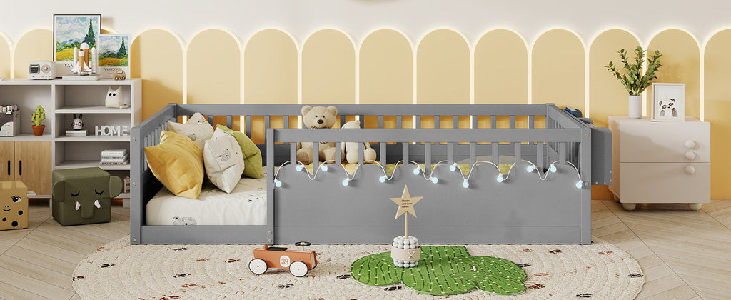 Twin Montessori Floor Bed Frame with High Rails, Wood Kids Floor Beds with Light and Storage Shelf, Gray (Expect Arrival Date 2025/8/15)