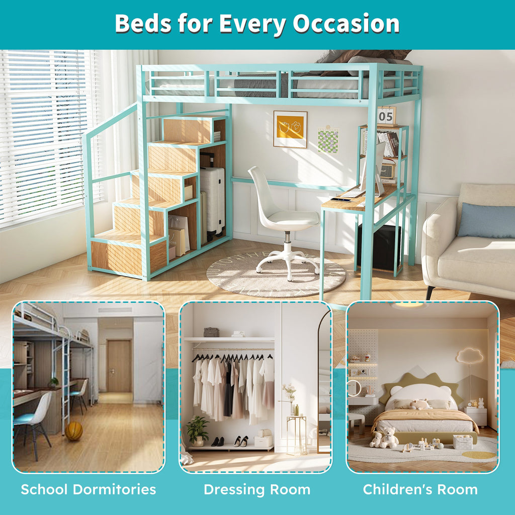 Heavy Metal Frame Full Loft Bed with Desk & Storage, 4 Cabinets, Staircase, Rack Space-Saver for Kids/Teens, Green Color