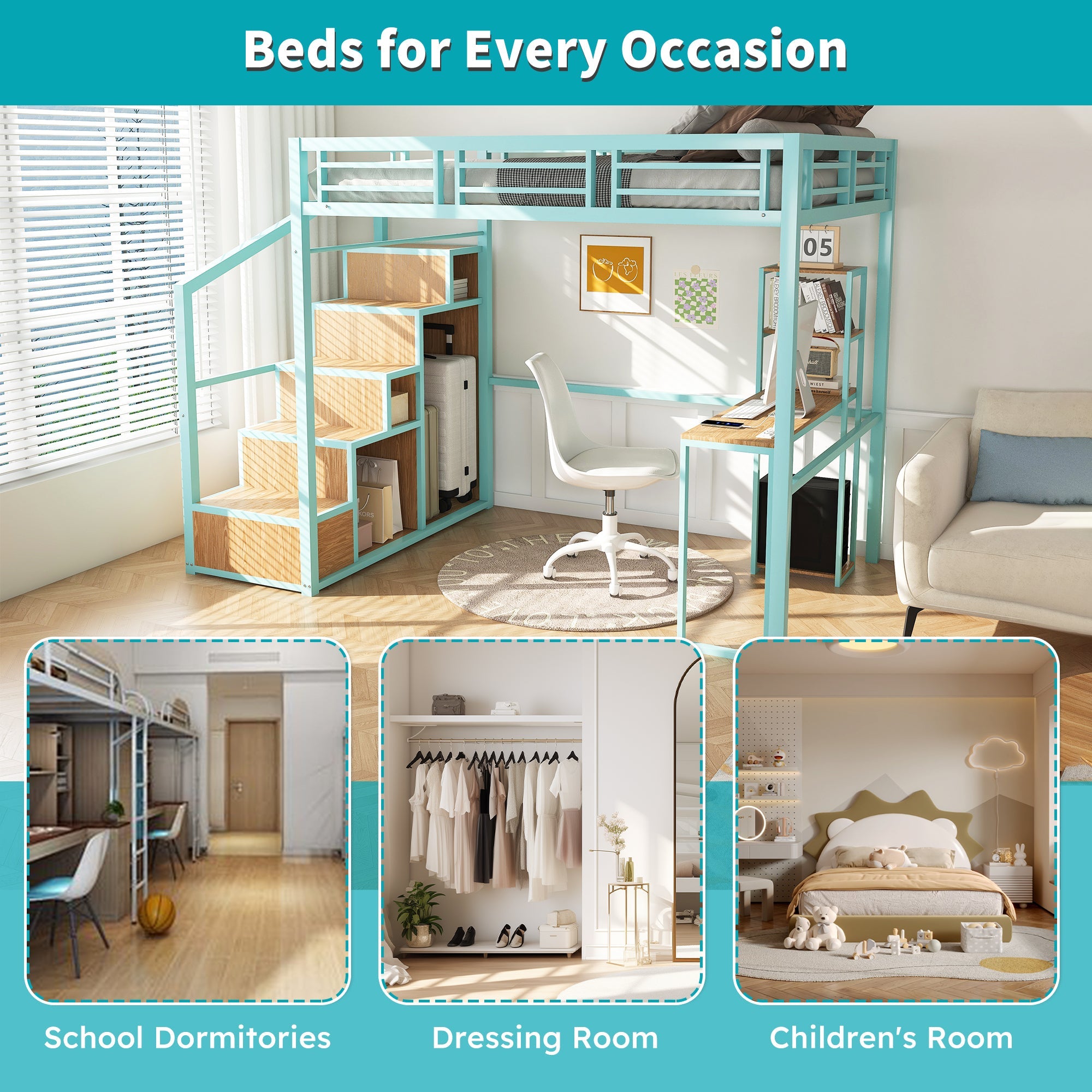 Heavy Metal Frame Full Loft Bed with Desk & Storage, 4 Cabinets, Staircase, Rack Space-Saver for Kids/Teens, Green Color