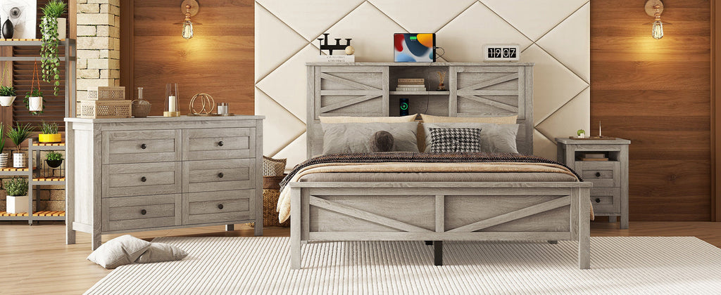 3-Pieces Bedroom Sets Queen Size Farmhouse Platform Bed with Double Sliding Door Storage Headboard and Charging Station, Storage Nightstand and Dresser, Antique Gray(Old SKU HL000092AAG)