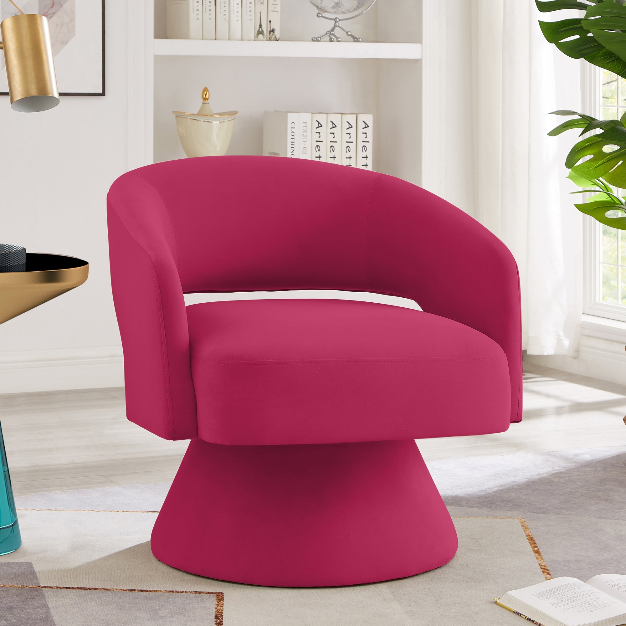 Modern Swivel Barrel Chair, Upholstered Velvet Round  Accent Chairs,360 Degree Comfy Swivel Chair with Open Backrest, Single Chair Armchair for Living Room Bedroom, Homerest, Rose Pink
