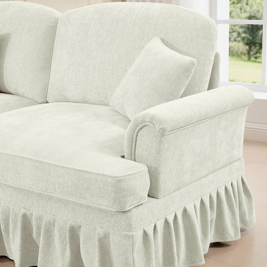 Classic 2 Piece Modular Couch Living Room Sofa Set with Flared Arms and Removable Ruffles Pleats Skirts and Spindle Legs, 3 Seater Sofa +3-Seat Loveseat Sofa Sets for Living Room, Beige White
