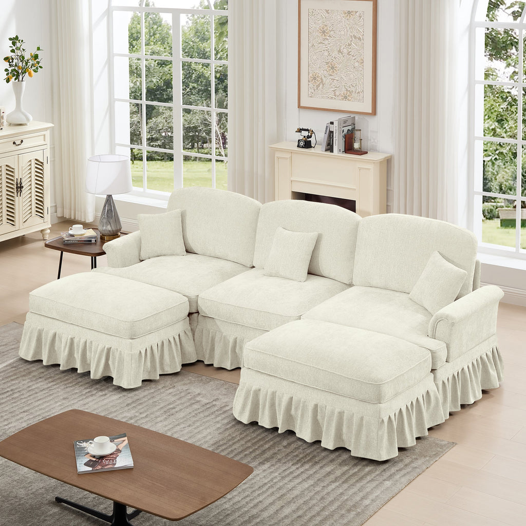 Classic Comfy Modular U Shape Sectional Sofa Couch with Flared Arms and Removable Ruffles Pleats Skirts and Spindle Legs, Upholstered Chenille Deep Seat Cloud Sofa with Movable Ottomans, Beige White