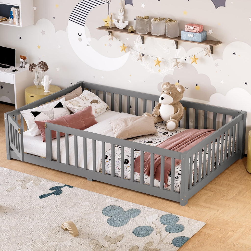 Full Size Bed Floor Bed with Safety Guardrails and Door for Kids, Gray(Old SKU: W1580P154626)