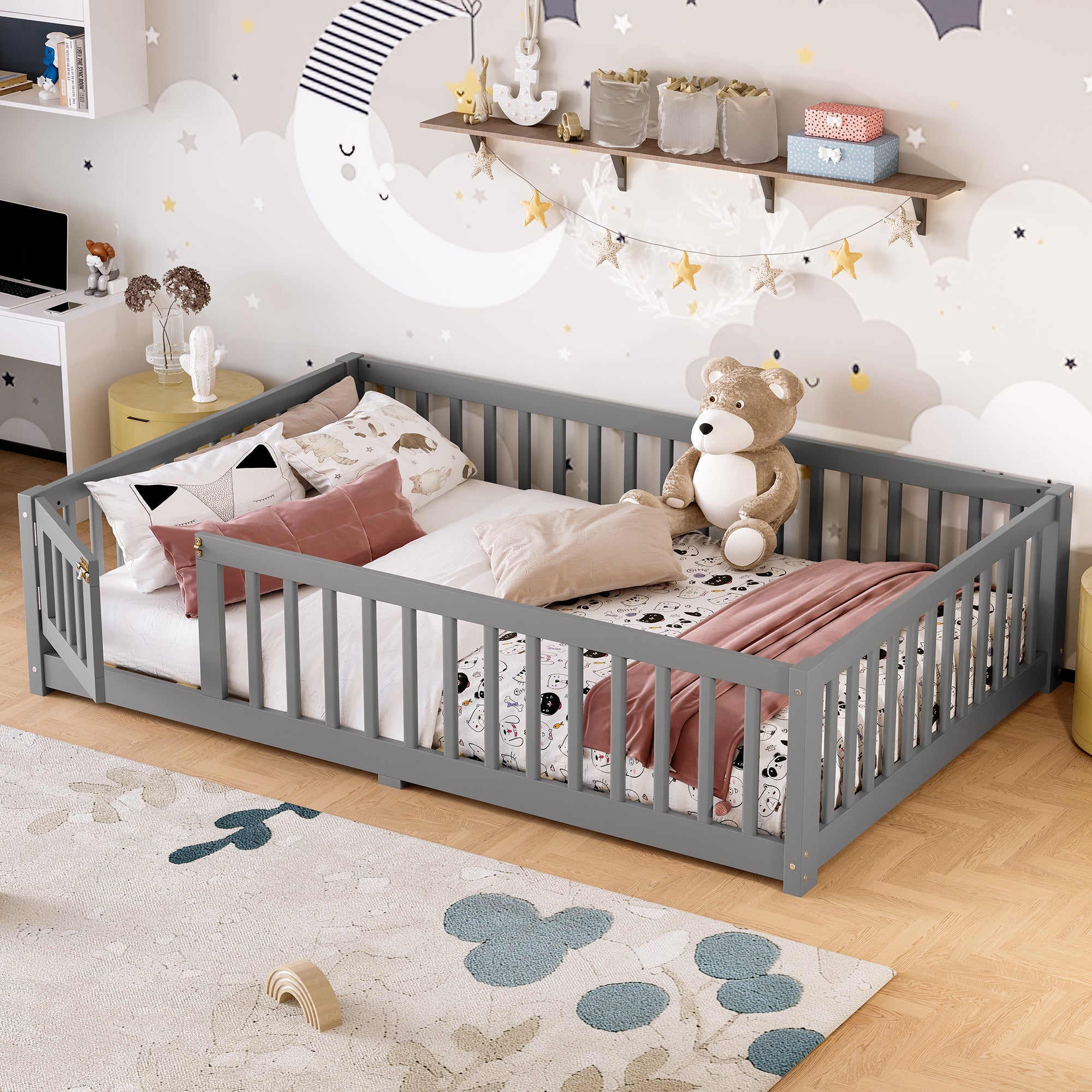 Full Size Bed Floor Bed with Safety Guardrails and Door for Kids, Gray(Old SKU: W1580P154626)