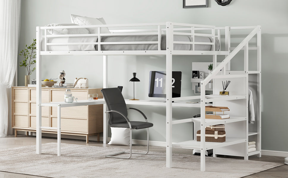 Queen Size Loft Bed with L-shaped Desk and USB, Metal Loft Bed with Wardrobe and Adjustable Shelf, High Loft Bed with LED for Kids Teens Adults, White