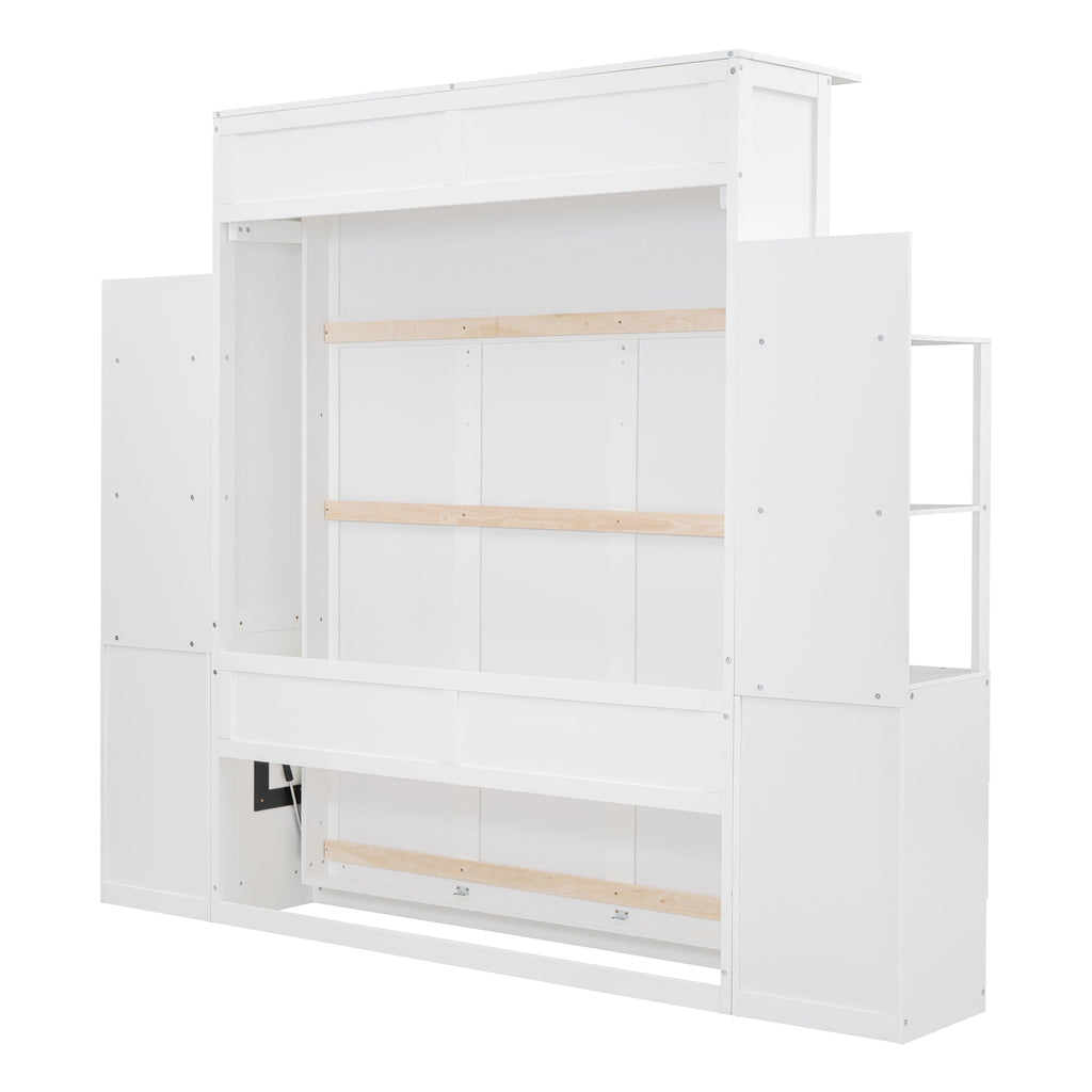 Queen Size Murphy Bed Wall Bed with Shelves, Drawers and LED Lights,White(OLD SKU:LP000566AAK-1)
