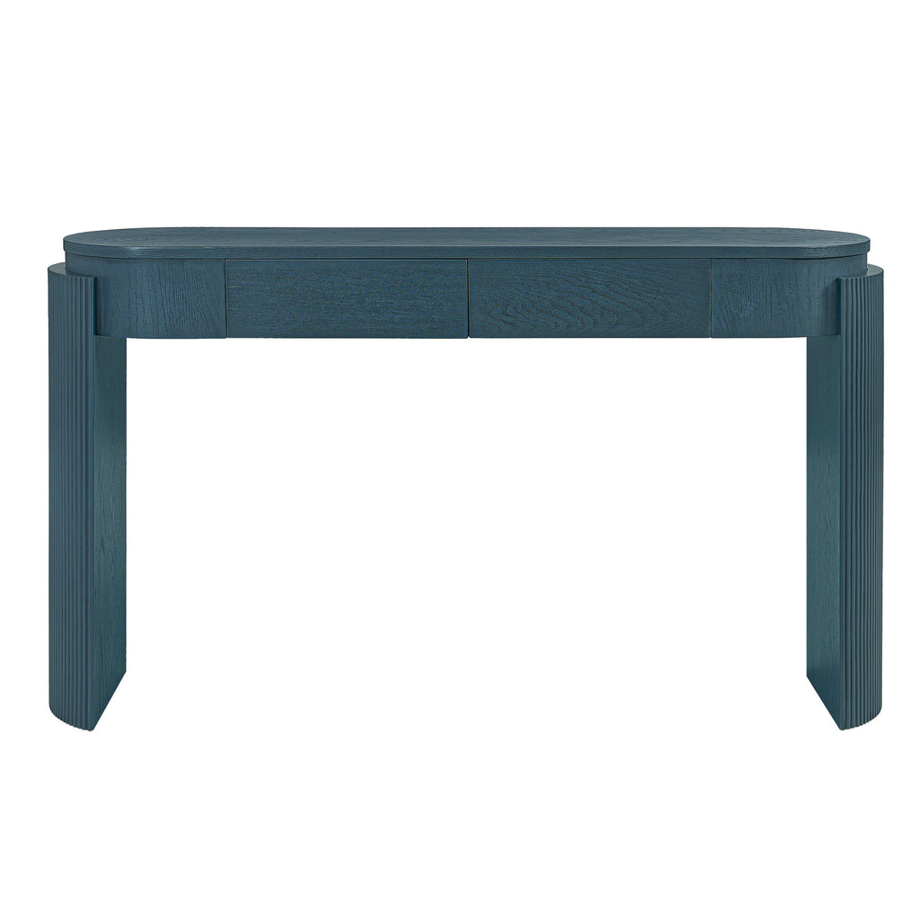 TREXM Entryway Table with Natural Wood Grain Finish, Console Table with Fluted Design, Oval Top and 2 Drawers for Entryway and Living Room (Navy)