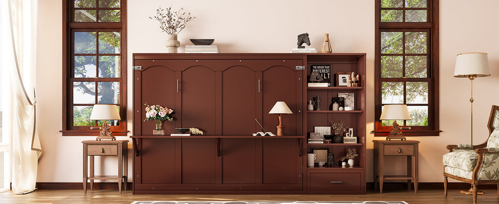 Queen Size Murphy Bed with Height Adjustable Storage Compartments and Shelf, Wall Bed Frame With 1 Drawer, Multifunctional Foldable Platform Bed for Small Space,Bedroom,Guest Room, Walnut