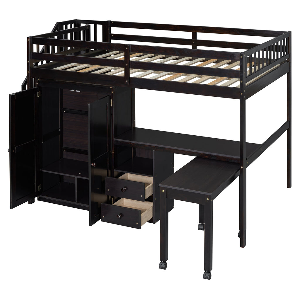 Full Size Loft Bed with Stairs, Bookshelf, Drawers, Desk & Wardrobe – Space-Saving Multifunctional Furniture for Kids & Teens-Espresso