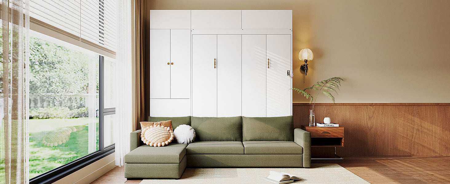 Queen Size Murphy Bed Wall Bed with Sofa and Shelves,White Panel, Green Sofa