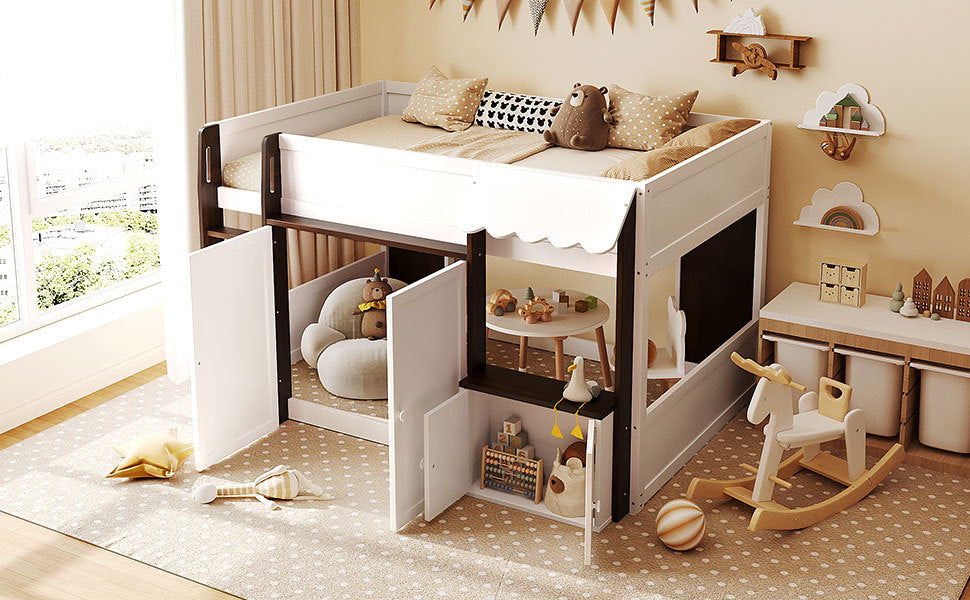 Full Loft House Bed with Playhouse & Storage, Modern Wood Cabin Bed for Kids/Teens, White+Espresso