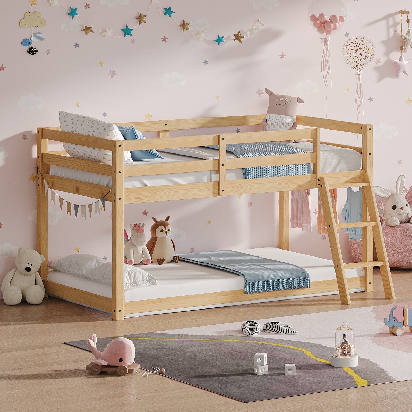 Kids Twin Low Loft Bed - Convertible to Bunk Bed, Solid Wood Modern Bed Frame with LED Strip Lighting, OAK.