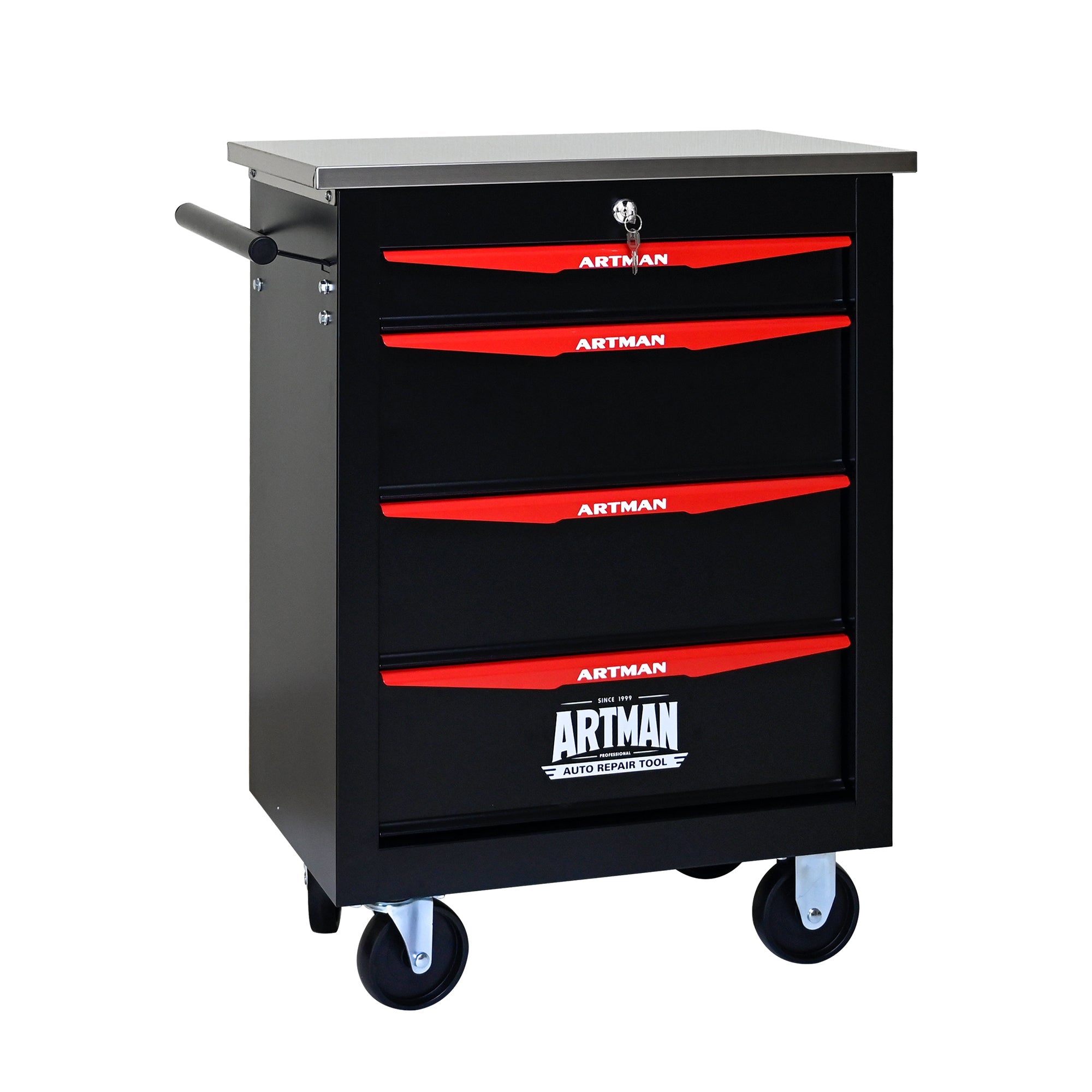 4-Drawer Multifunctional Tool Cart with Wheels, Metal Rolling Tool Cart Storage for Garage Workshop Warehouse Repair Shop - with Stainless Steel Roof - Black & Red