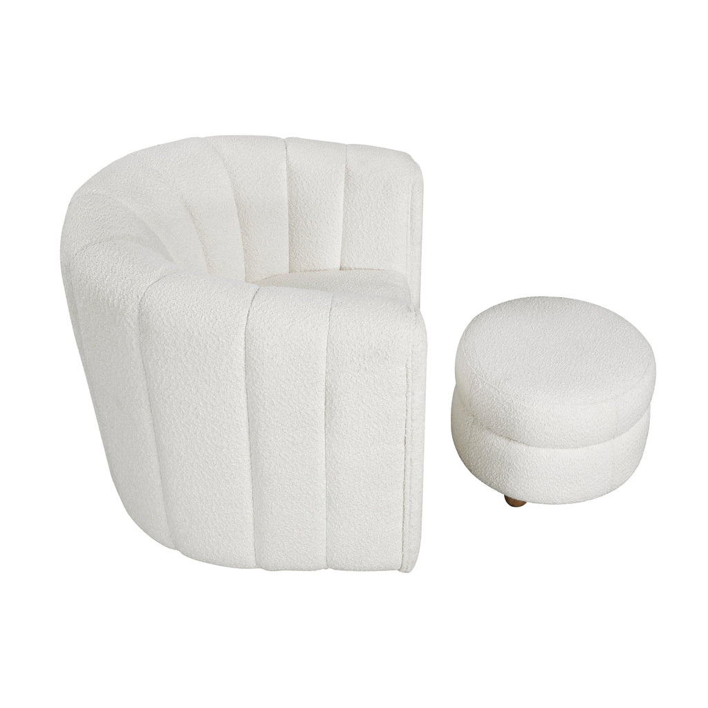 Modern Contemporary Swivel Chair with Ottoman White Boucle Fabric Upholstery Solid Wood Living Room Furniture