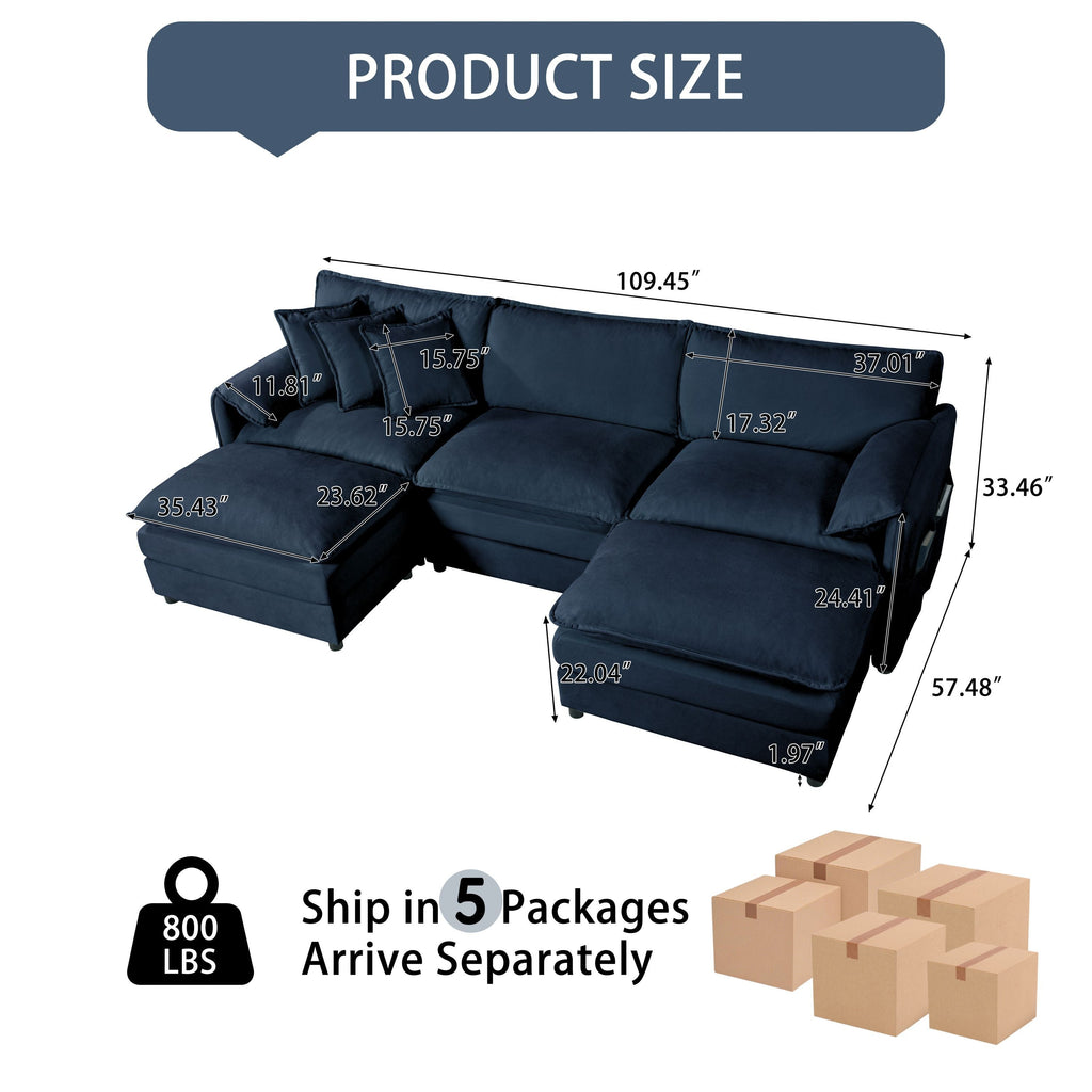 Modular Sectional Sofa, Oversized Deep Seat U Shaped Couch Set for Living Room, 3-Seater Comfy Cloud Couches with 2 Movable Ottomans, DIY Combination, Chenille,Blue