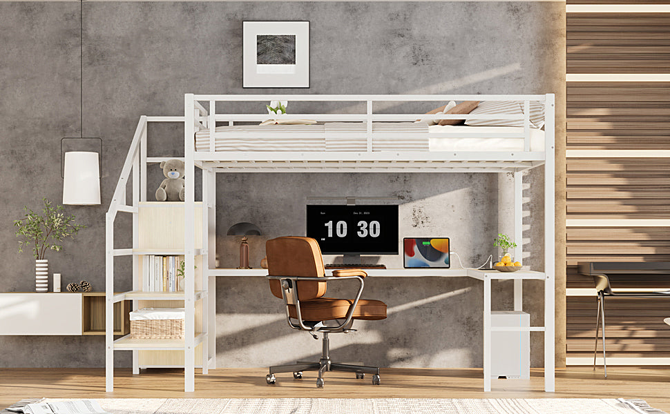 Queen Size Loft Bed with L-shaped Desk and USB, Metal Loft Bed with Wardrobe and Adjustable Shelf, High Loft Bed with LED for Kids Teens Adults, White Wood-grain