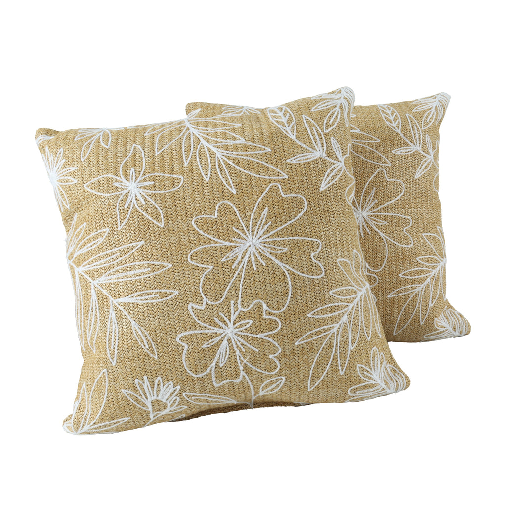 Outdoor/Indoor Throw Pillows, Decorative Throw Pillows with Inserts, Simulated Straw Weaving 18'x18' Square Pillows for Bed, Couch, Sofa and Patio Furniture (Set of 2, Casual Flowers)