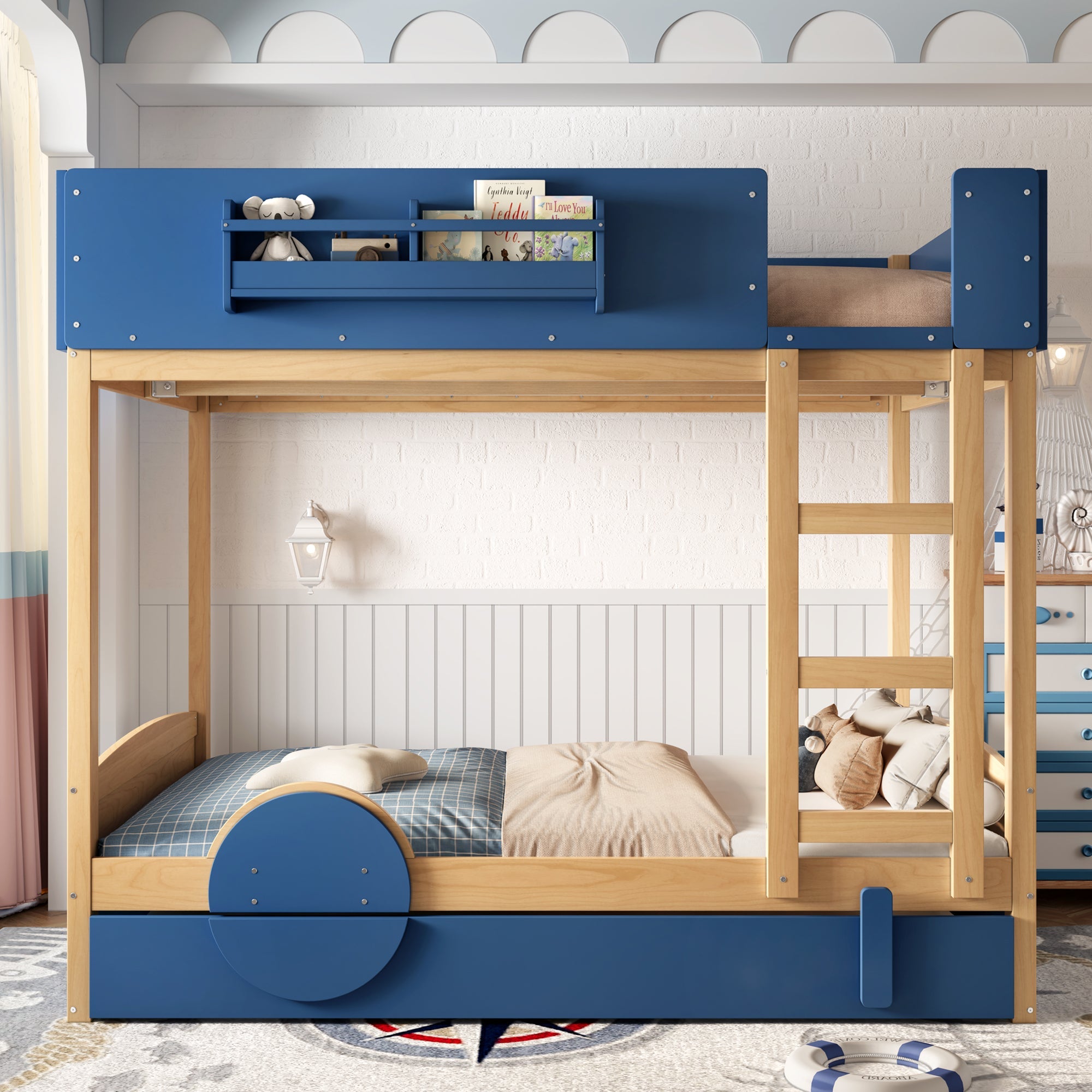 Full Bunk Bed with Trundle , Wood Bunk Bed Frame with Built-inBookshelf and High-quality Safety Guardrail,Automobile Form Design for Kids ,Blue＆Natural.