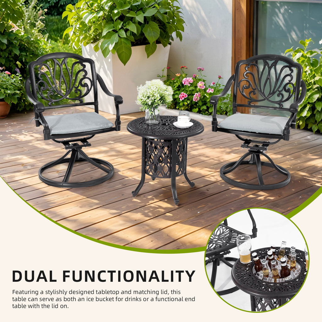 21-Inch Side Table with Removable Ice Bucket, Antique Bronze Aluminum Frame, Hand-Brushed Finish, Food-Grade Stainless Steel Bucket for Indoor & Outdoor Use