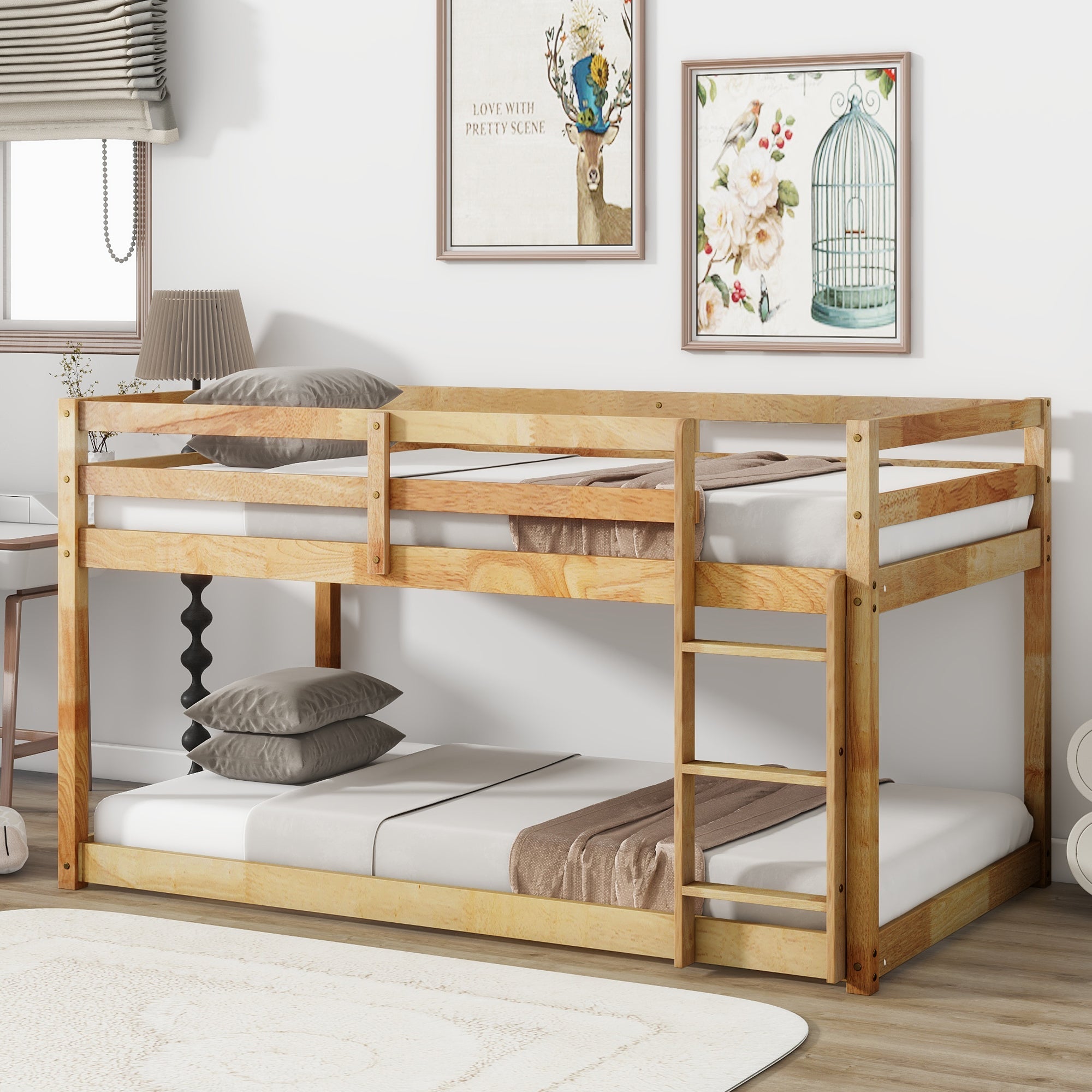 Solid Wooden, Solid Rubber Wooden Twin over Twin Floor Bunk Bed with Ladder, with Bed Platform of Strengthened Slats  , Natural