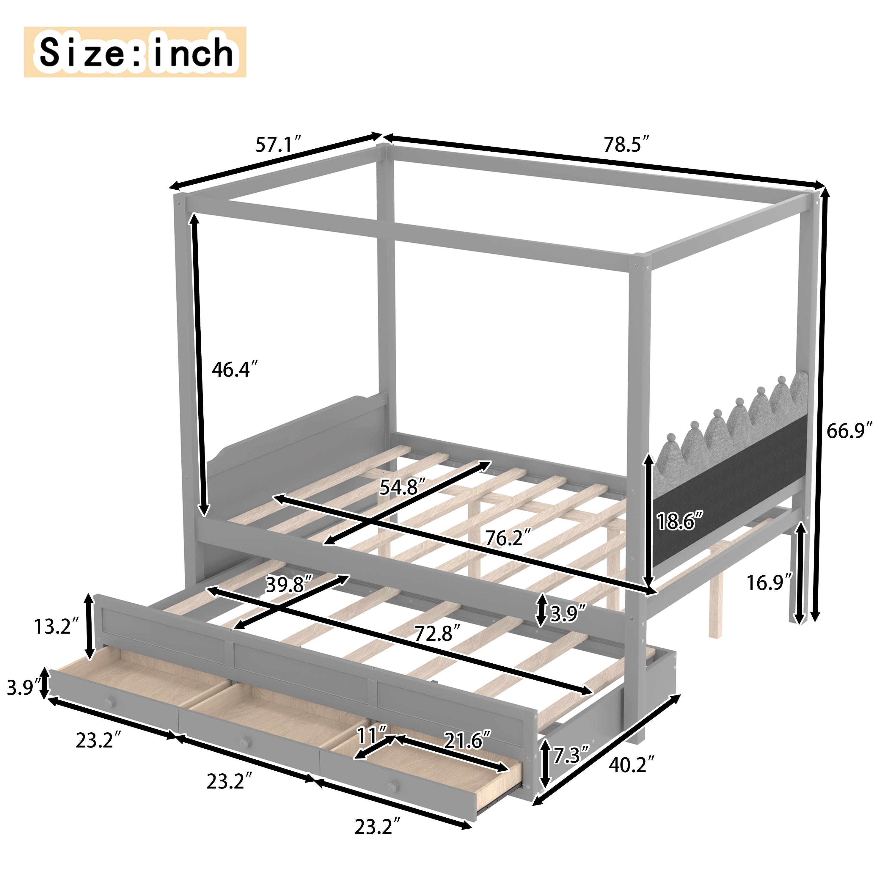 Full Platform Bed with Upholstered Headboard,Twin Size Trundle and 3 Drawers,Princess Canopy Bed Frame for Kids,Storage & Easy Assembly,Gray.