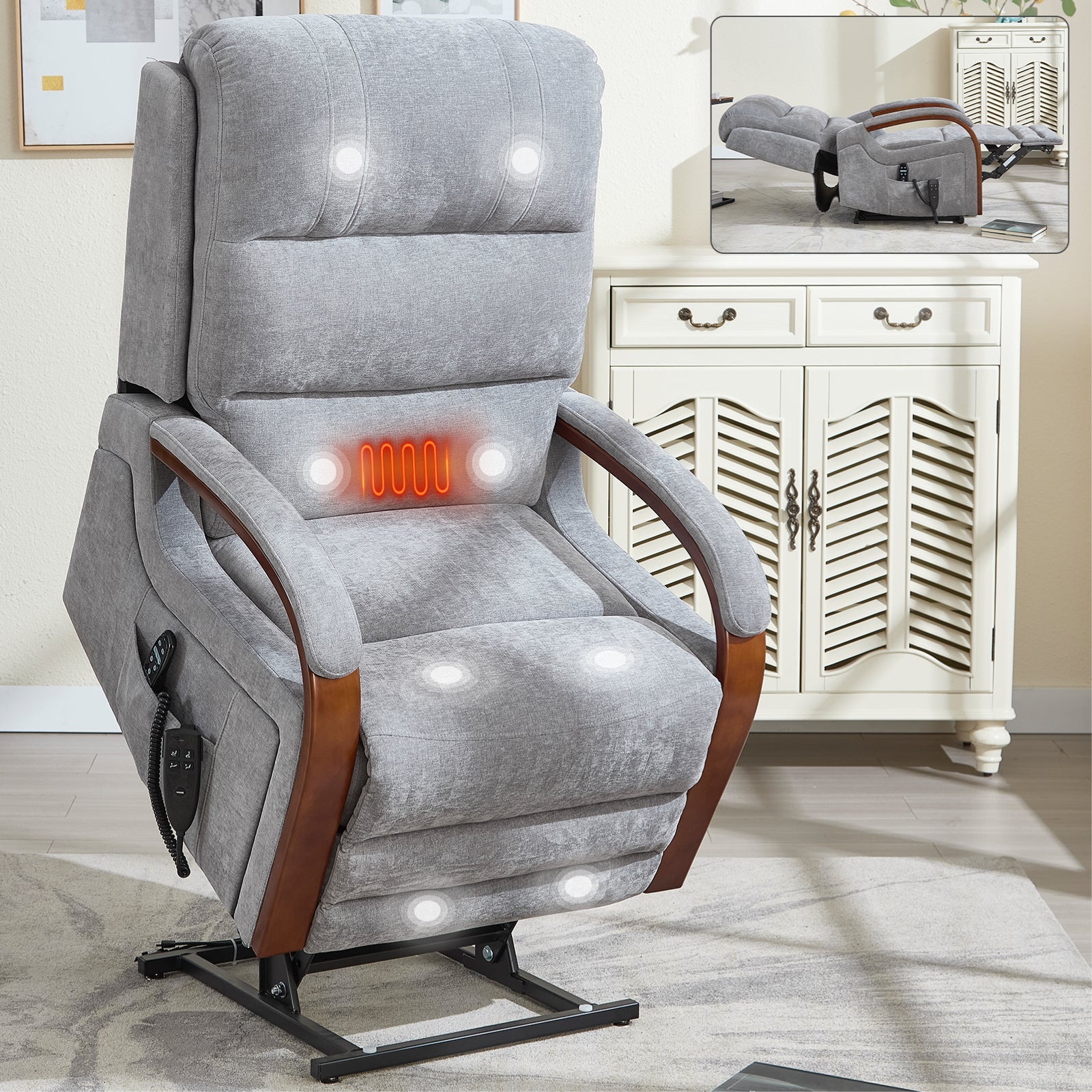 Power Grey Chenille Lift Recliner Chair Dual Motor Infinite Position Up to 350 LBS with Solid Wood Armrests, Heat Massage and Heavy Duty Motion Mechanism