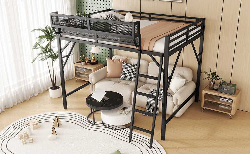Full Size Loft Bed with Ladder, Metal Full Loft Bed with Storage Shelves, High Loft Bed for Kids Teens, Black(Expect Arrival Date 2025/11/26, Old SKU W2580P353531)