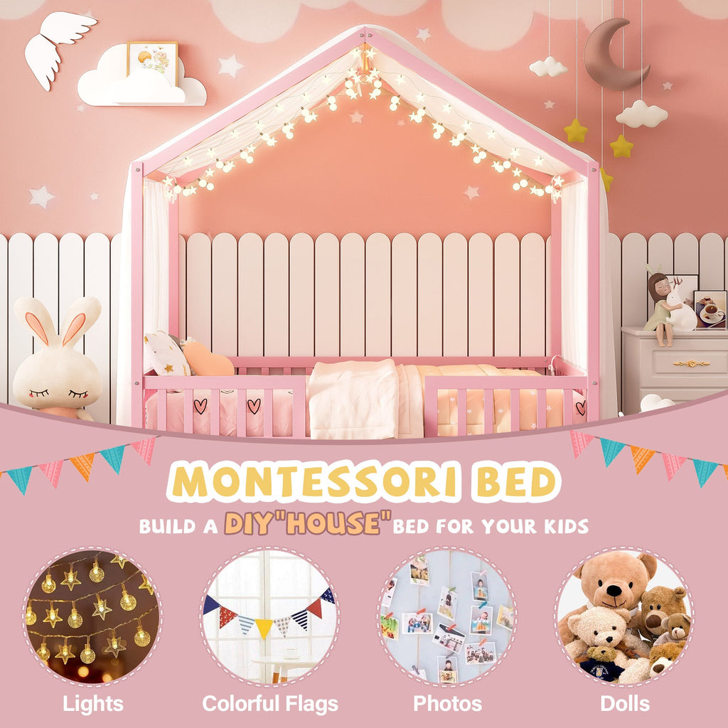 Montessori Floor Bed with Canopy, Full Bed Frame for Kids, House Shape Kids Bed Frame with High Railings, Wood Kids Bed with Roof, Kid Full Bed, Pink